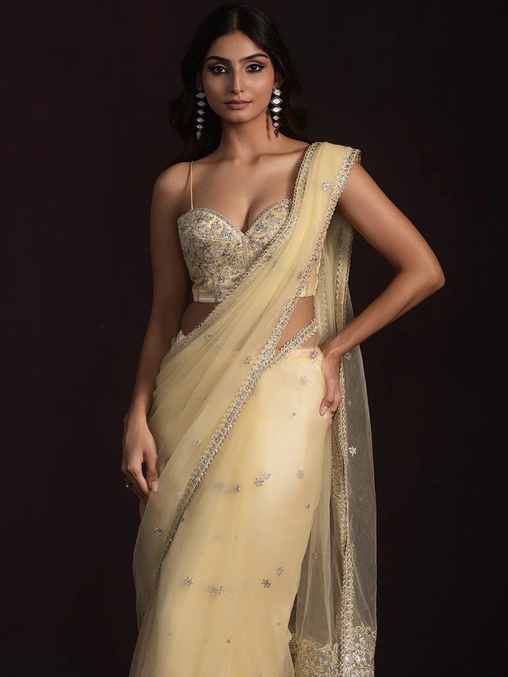 Lashkaraa Elegant Pale Yellow Embellished Saree with Beaded Bustier